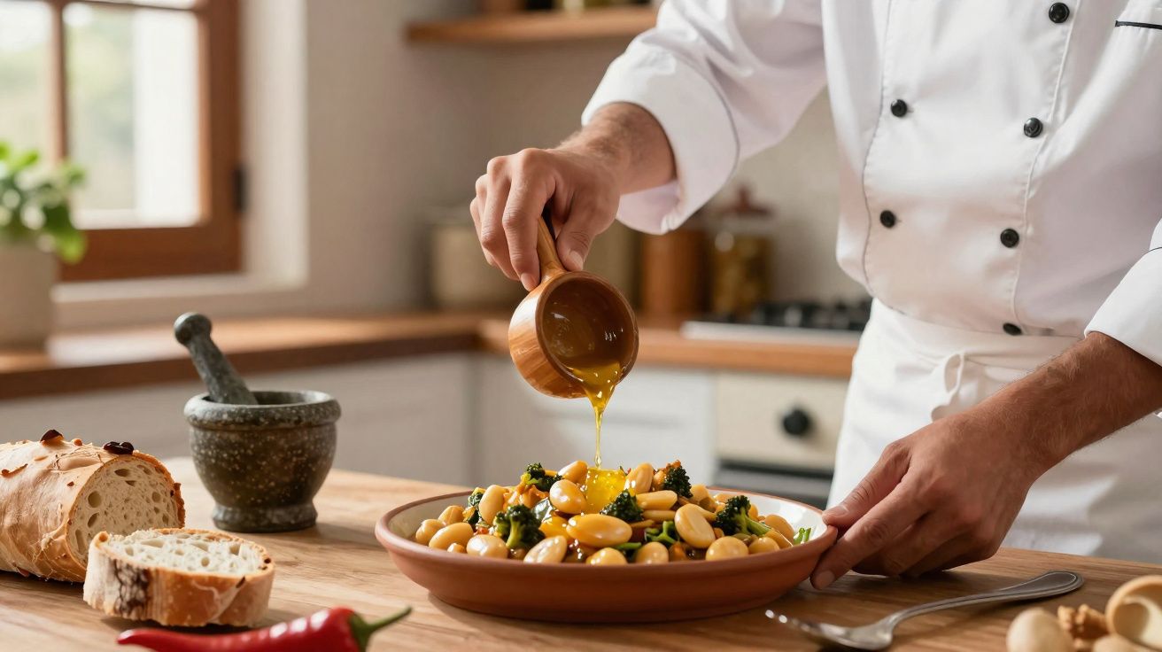 Chef a servir molho dourado em prato com legumes e feijão branco numa cozinha clássica e acolhedora.