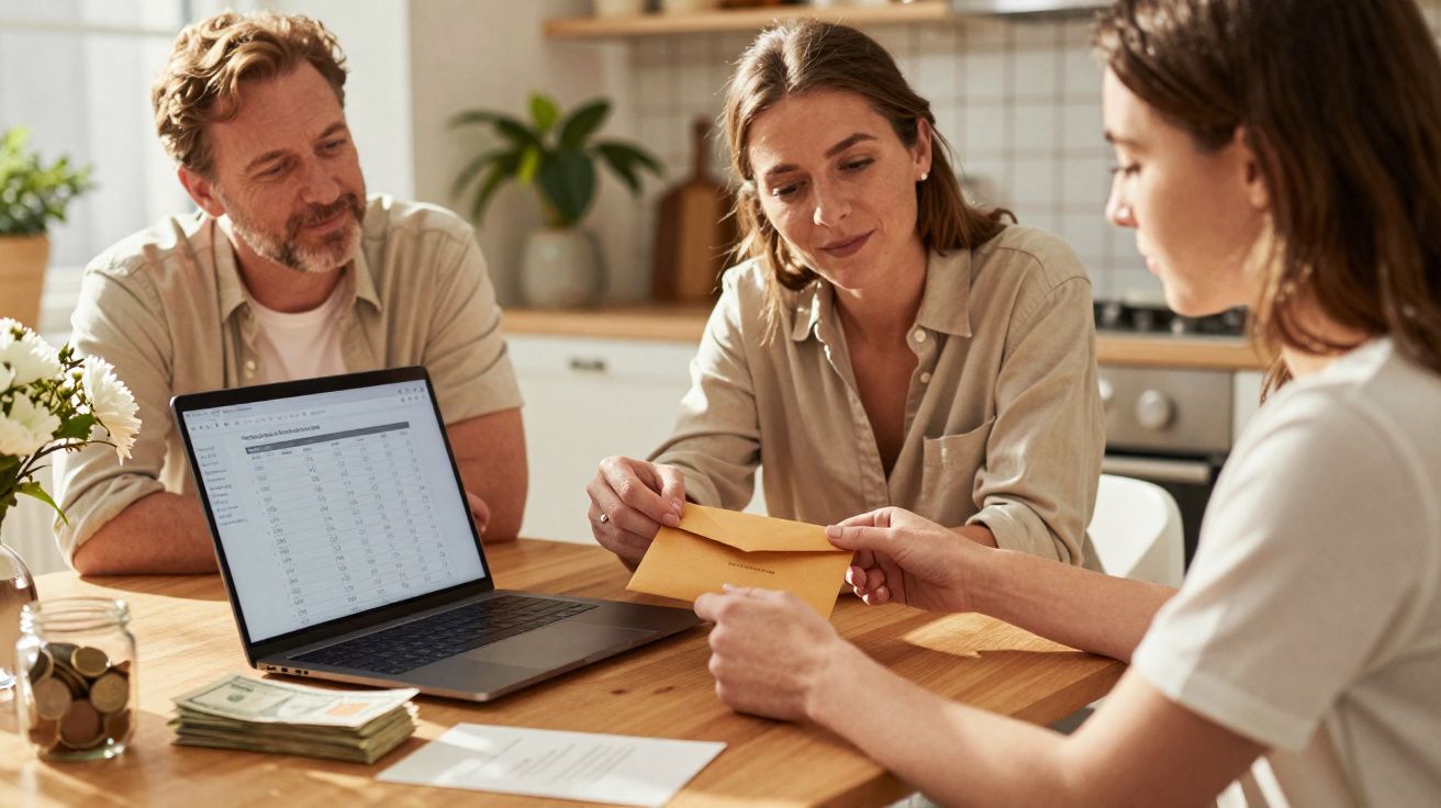 Três pessoas sentadas à mesa, com laptop, a entregar e receber envelope numa reunião financeira.