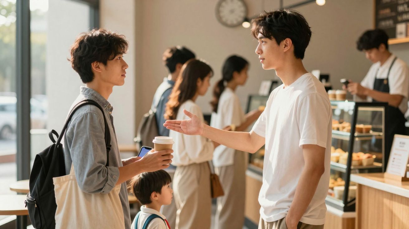 Homem oferece café a outro num café movimentado com pessoas em fundo desfocado.