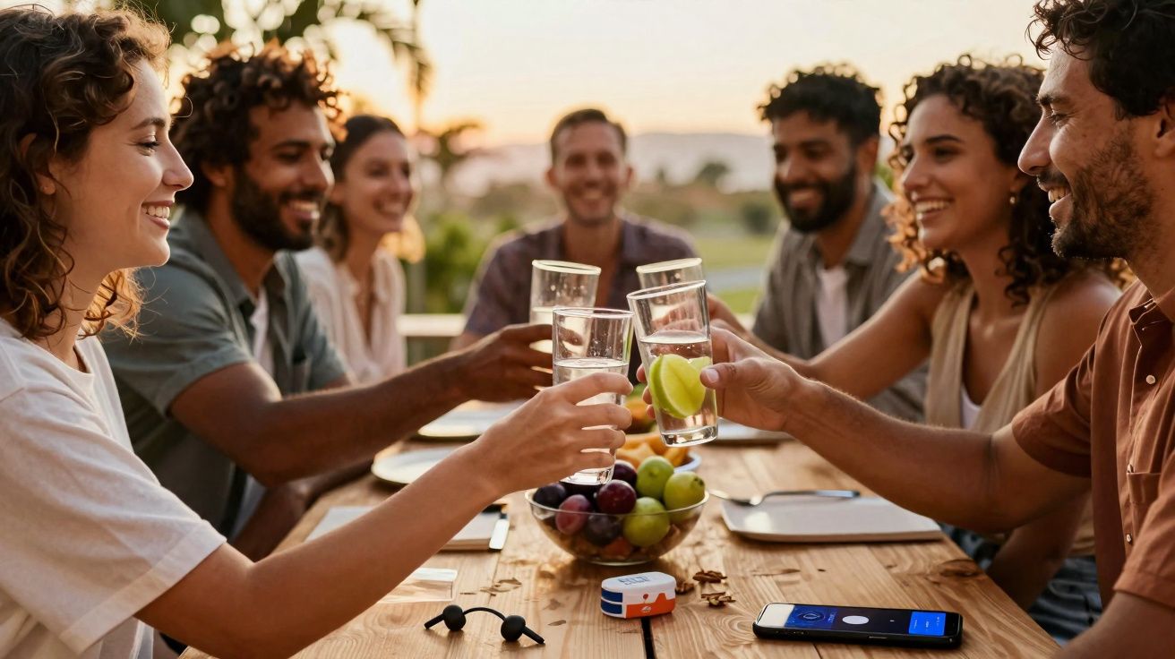 Grupo de amigos a brindar com copos de água durante um encontro ao entardecer.