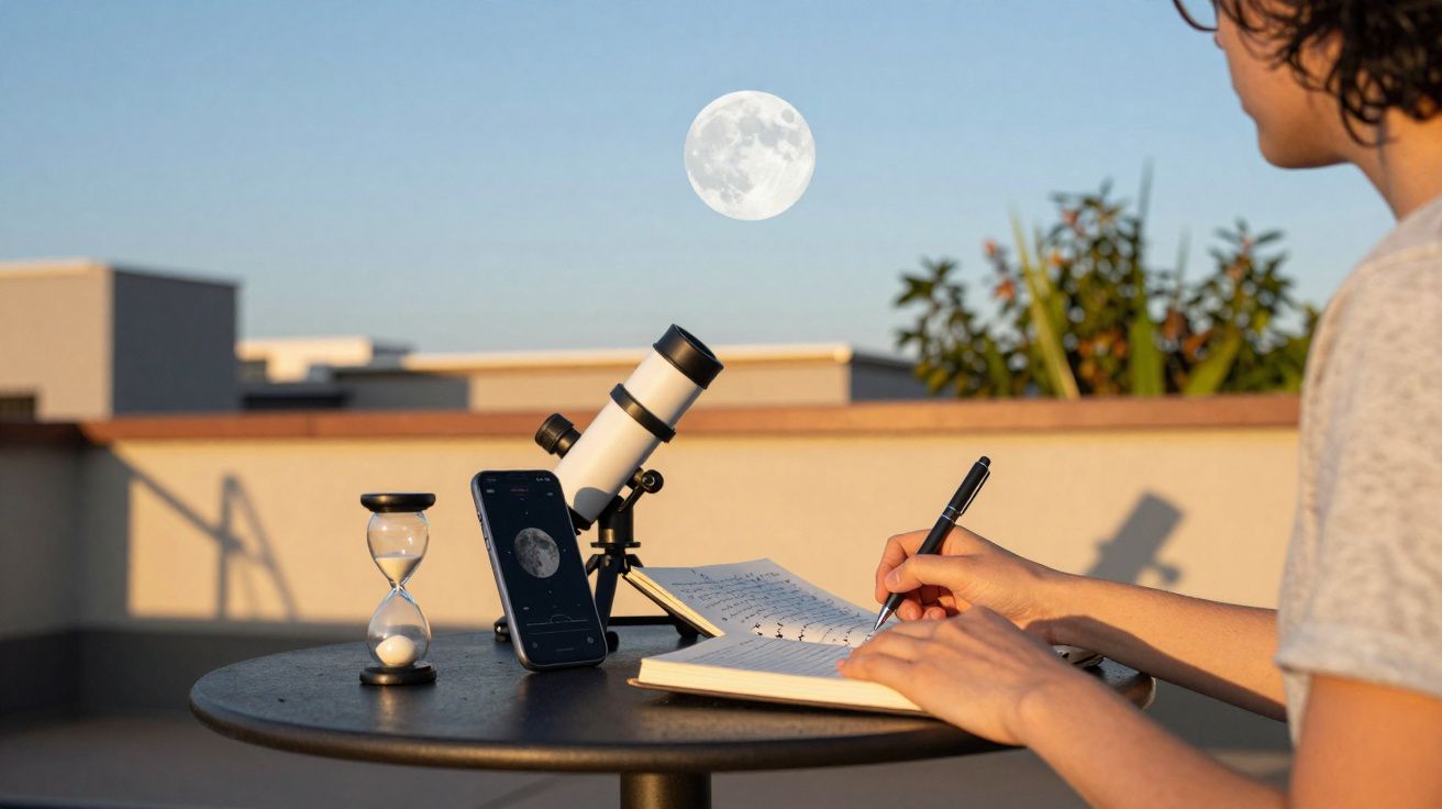Pessoa escreve num caderno numa mesa com telescópio, smartphone com imagem da lua e ampulheta, ao ar livre ao entardecer.