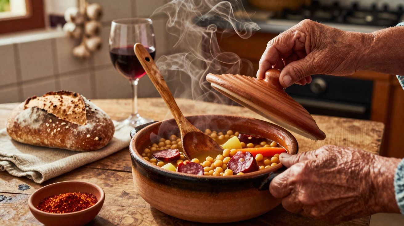 Mãos a retirar tampa de panela com ensopado de grão, chouriço, cenoura e batata, pão e copo de vinho na mesa.