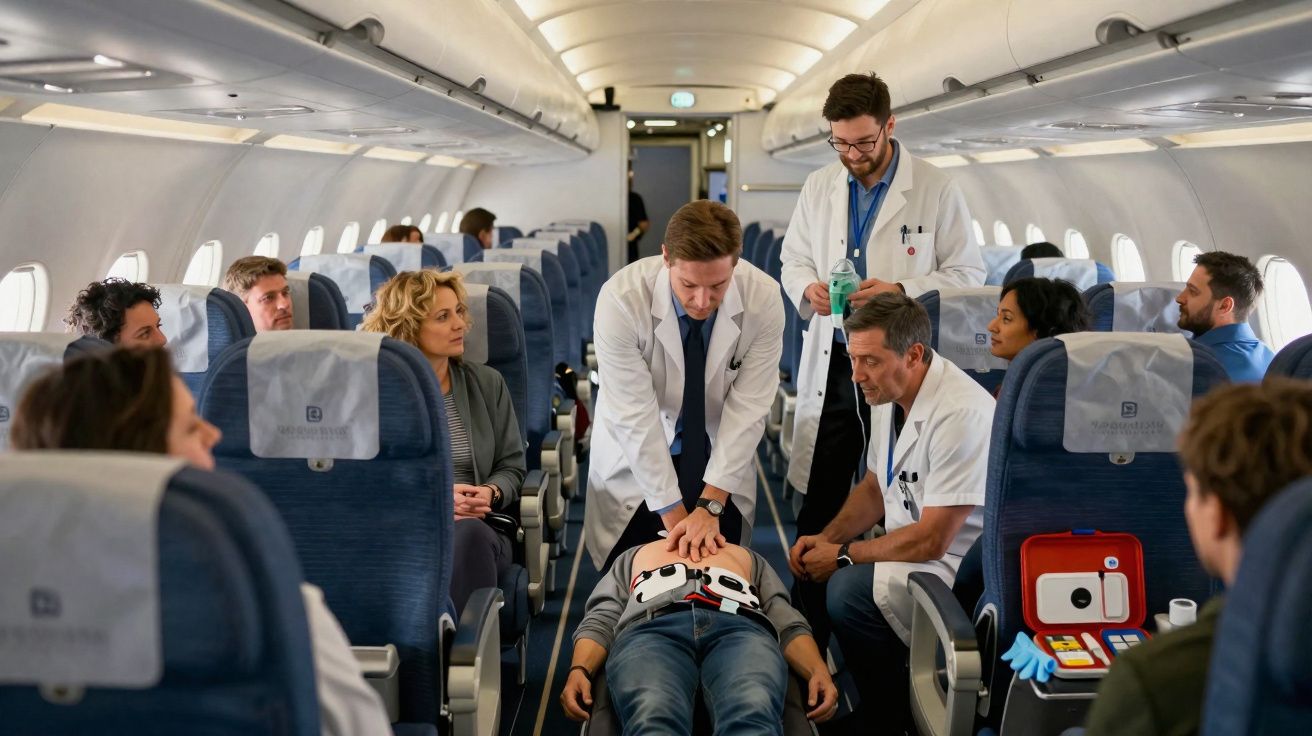 Médicos realizam reanimação cardiopulmonar a um passageiro deitado no corredor de um avião.