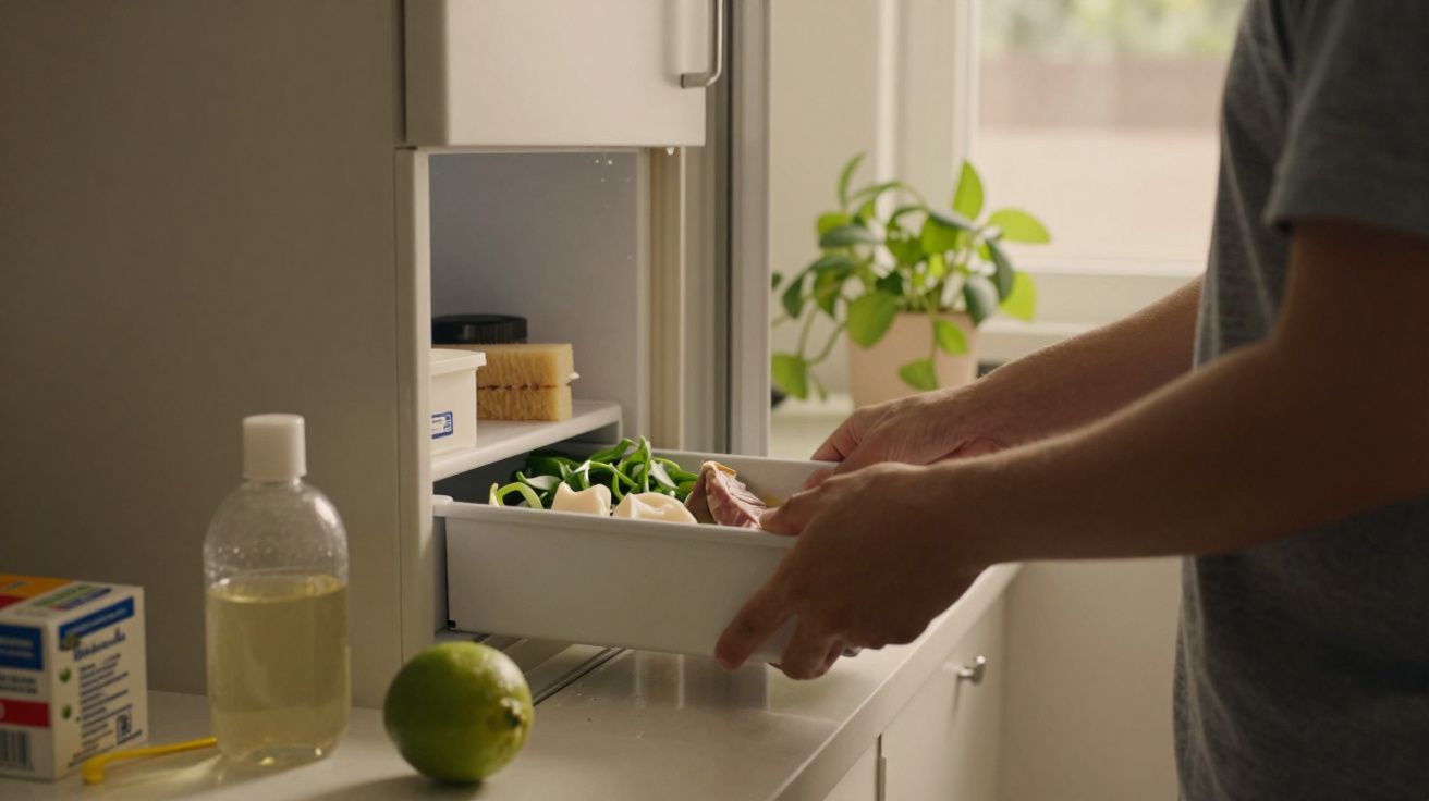 Pessoa a guardar legumes numtabuleiro dentro de um frigorífico num ambiente de cozinha iluminado.