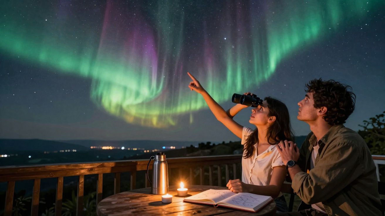 Casal observa aurora boreal à noite, mulher aponta para o céu estrelado, mesa com velas e livro aberto.
