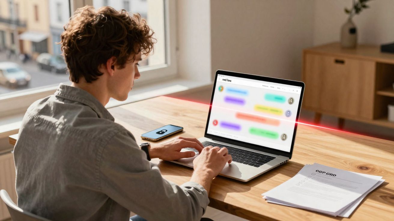 Homem sentado a trabalhar num portátil com telemóvel e documentos numa mesa de madeira numa sala iluminada.