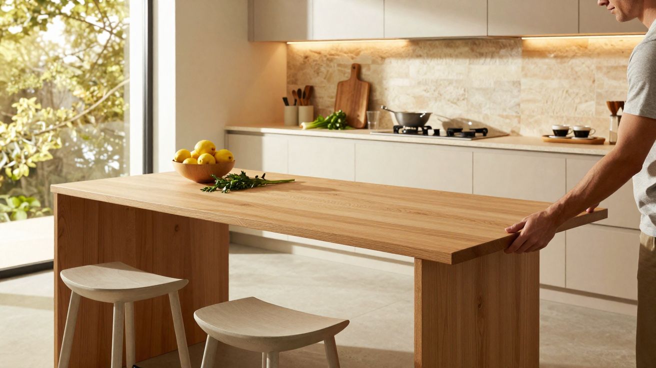 Homem a abrir mesa de madeira numa cozinha moderna luminosa com banco e tigela de limões.
