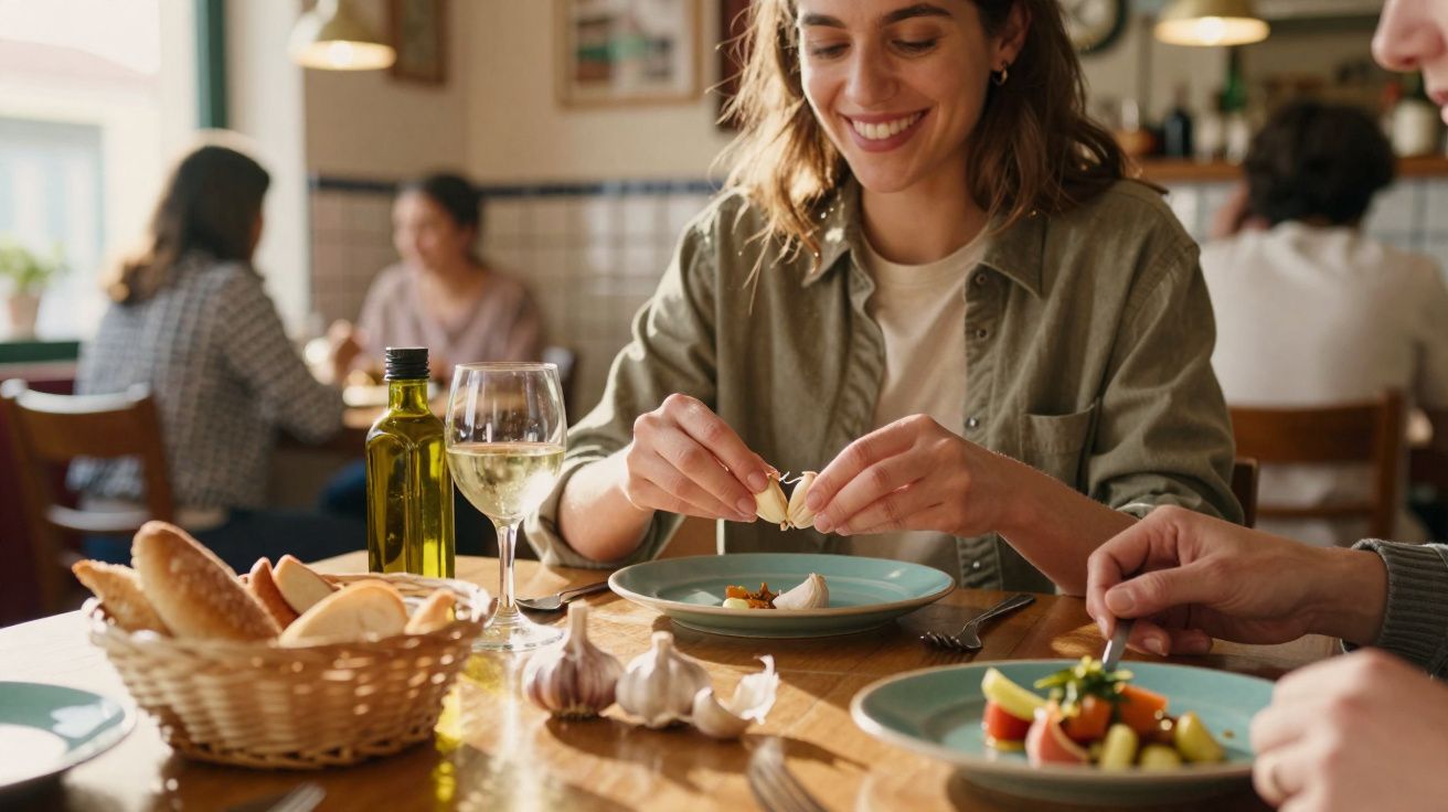 Jovem a descascar alho, com cesto de pão, garrafa de azeite e copo de vinho numa mesa de restaurante.