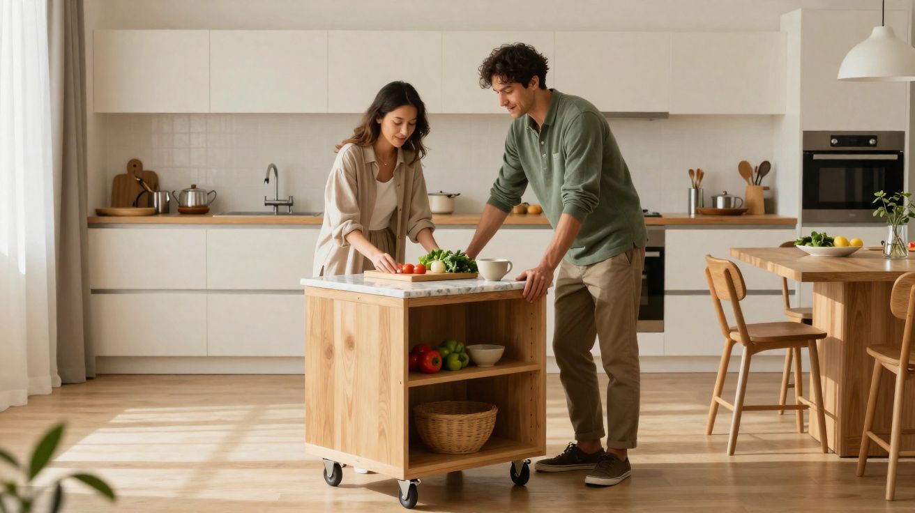 Casal a preparar legumes juntos numa cozinha moderna com ilha móvel de madeira.