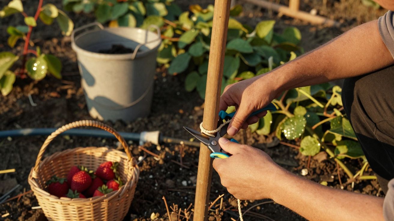 Pessoa a podar planta com tesoura no jardim, com cesta de morangos e balde ao fundo.