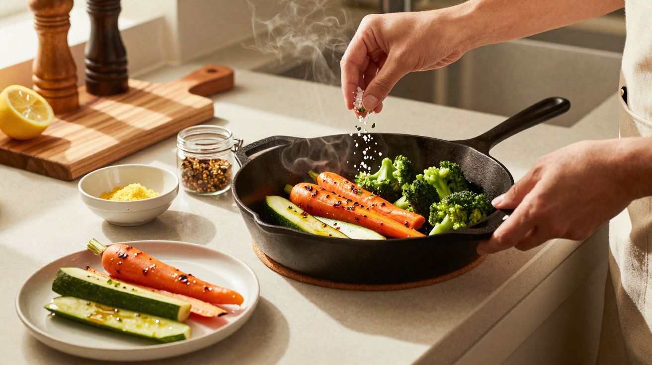 Pessoa a temperar cenouras, brócolos e courgette a cozinhar numa frigideira preta na cozinha.