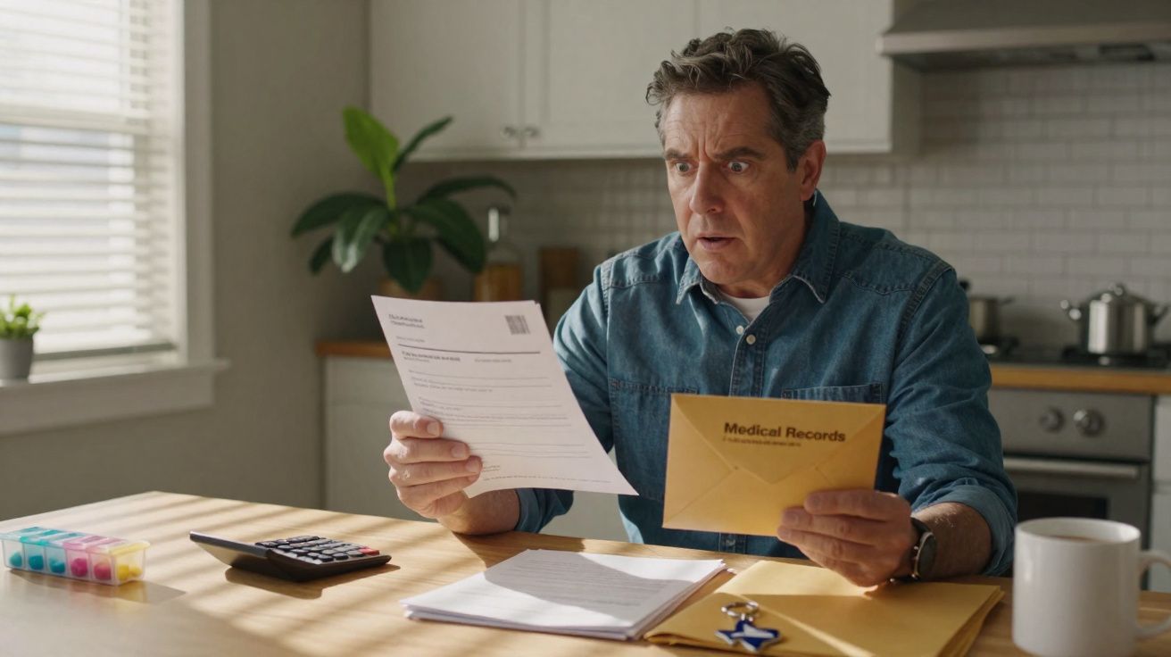 Homem preocupado lê carta e envelope com documentos médicos numa cozinha moderna iluminada.