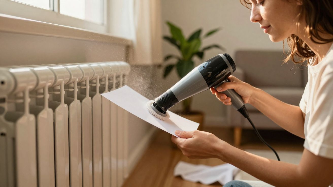 Mulher seca uma folha de papel com um secador de cabelo junto a um radiador em ambiente interior.