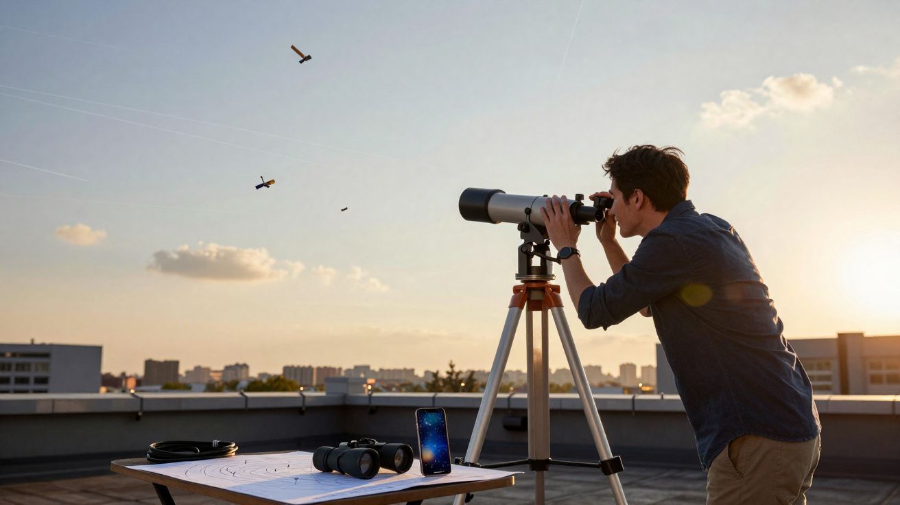 Homem observa aves ao pôr do sol com telescópio numa cobertura, com binóculos e mapa na mesa.