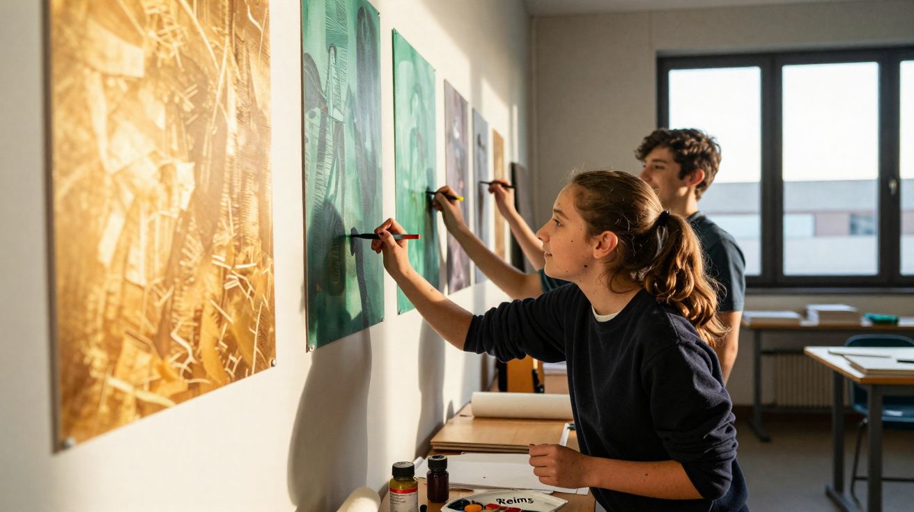 Dois jovens a pintar quadros coloridos numa parede iluminada por luz natural numa sala de arte.