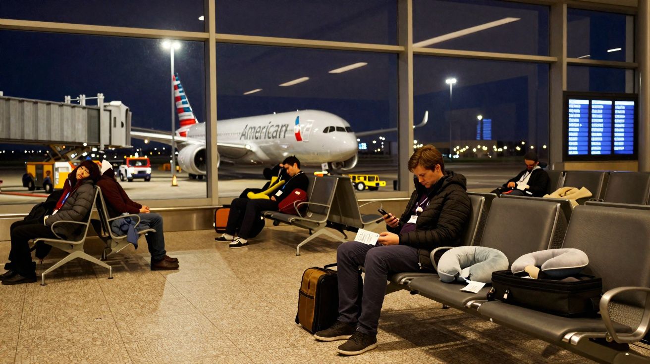 Passageiros esperando em cadeiras numa sala de embarque com avião American Airlines estacionado à noite.