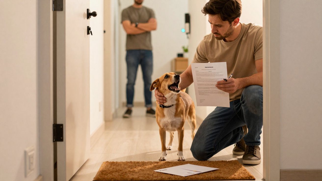 Homem agachado acaricia cão enquanto segura contrato, com outra pessoa de pé ao fundo num corredor de casa.
