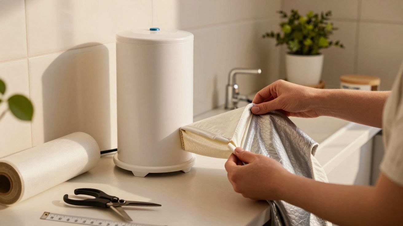 Pessoa a forrar um recipiente branco com saco de lixo numa bancada com tesoura, régua e planta decorativa ao fundo.