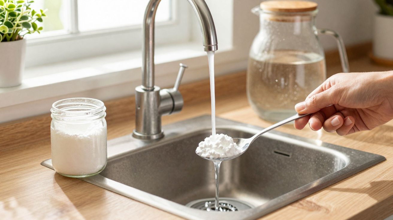 Mão a despejar fermento em pó num recipiente junto a uma torneira com água corrente numa cozinha moderna.