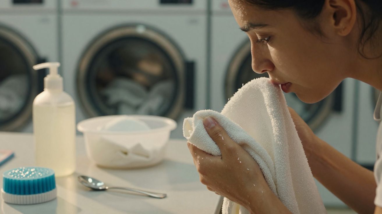 Jovem mulher cheira toalha branca numa lavandaria com mesinhas de lavar ao fundo.