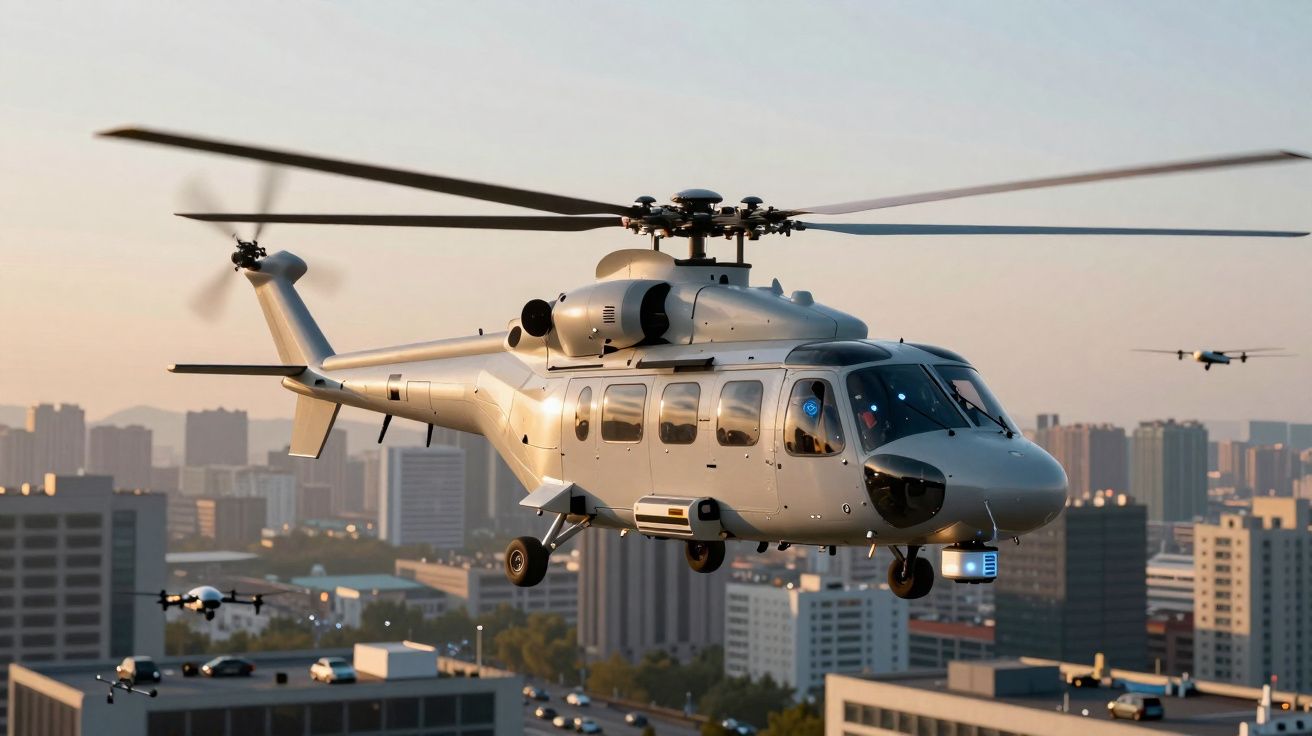 Helicóptero cinzento em voo sobre uma cidade com vários edifícios modernos ao pôr do sol.