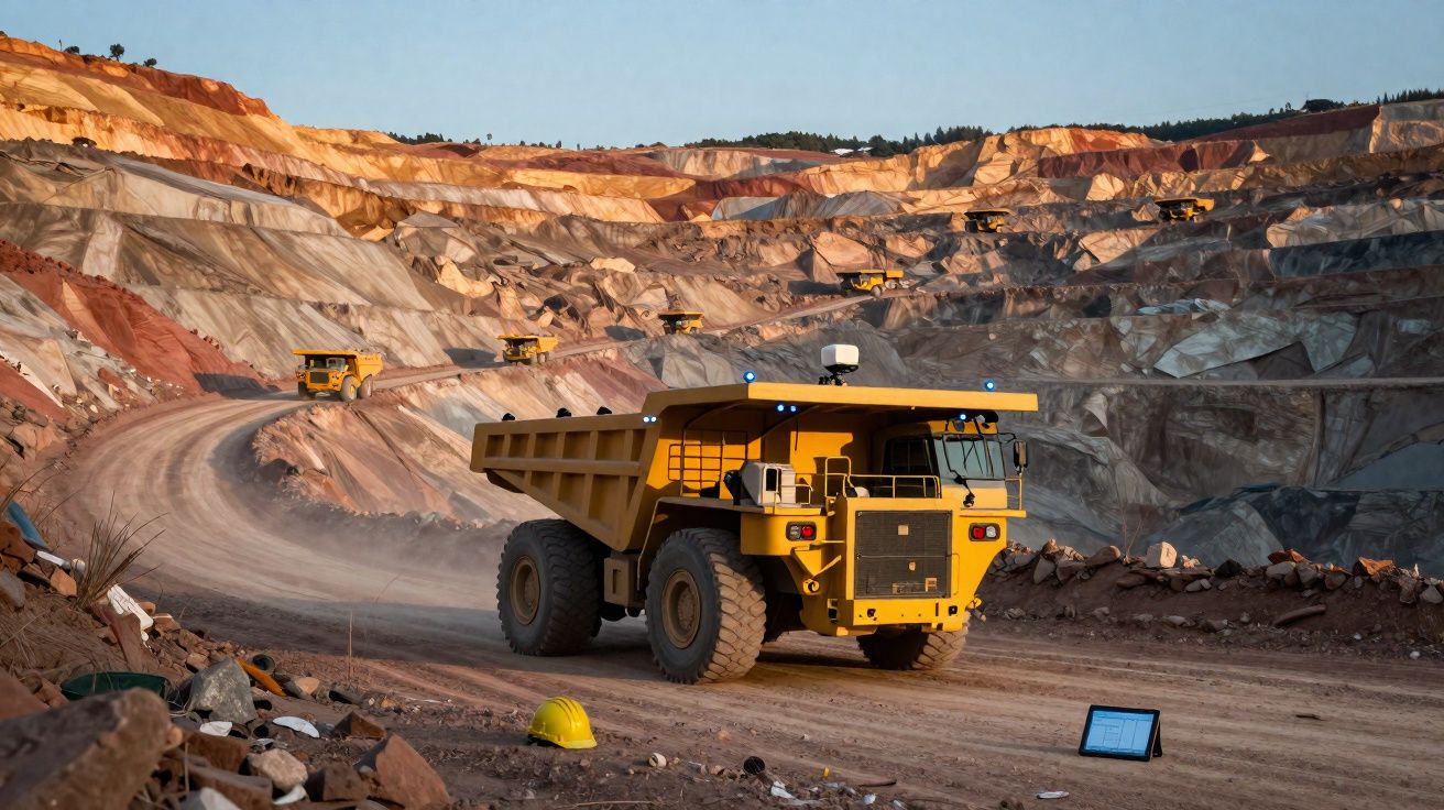 Camião de transporte numa mina a céu aberto com várias máquinas na encosta e capacete amarelo no chão.