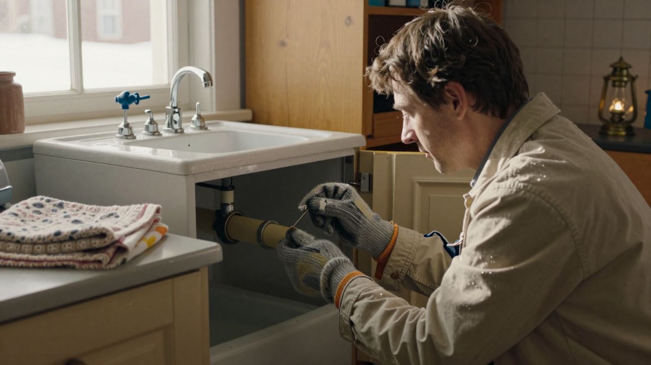 Homem a usar luvas a reparar canalização de lavatório de cozinha num ambiente doméstico.