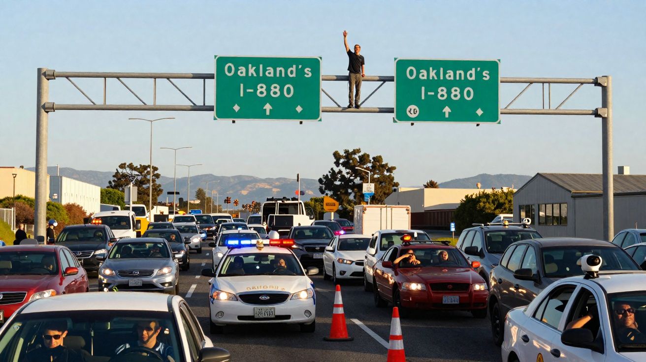 Homem em cima de sinal rodoviário em autoestrada com trânsito parado e carro de polícia em destaque.