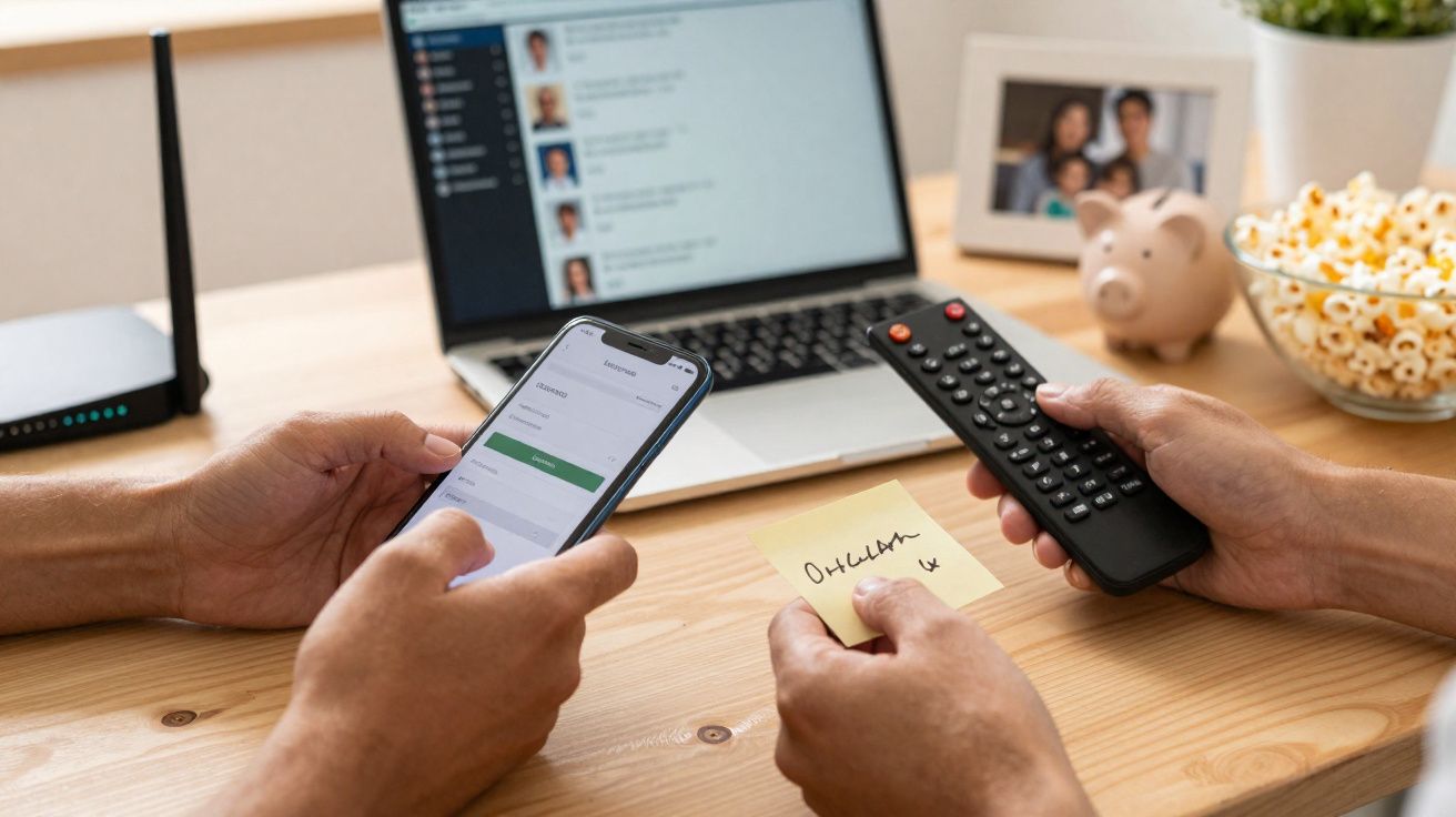 Duas pessoas com um smartphone e um comando à frente de um portátil numa mesa de madeira com apontamentos.