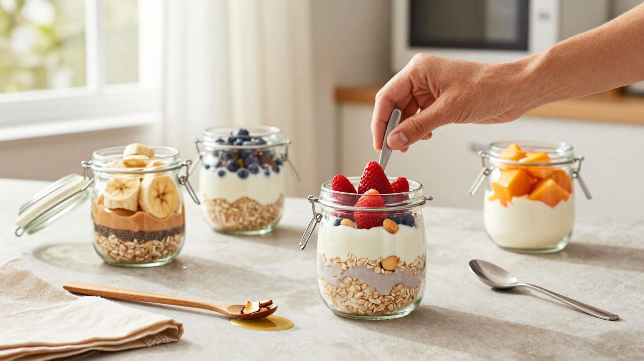 Quatro frascos com iogurte, aveia e frutas diversas numa bancada, mão a mexer morangos num deles.