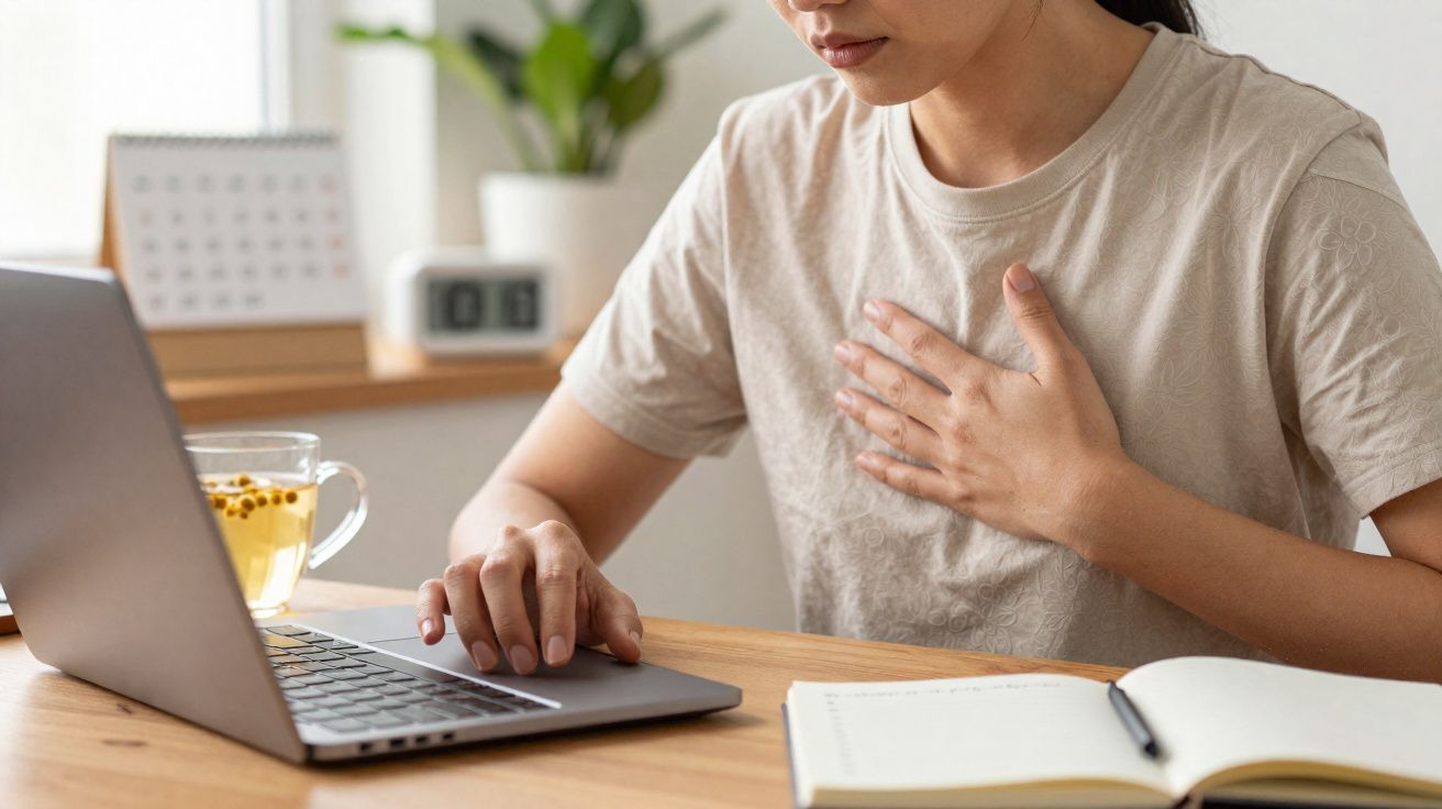 Pessoa sentada à mesa com portátil, mão no peito, aparentemente com desconforto, chá e caderno à frente.