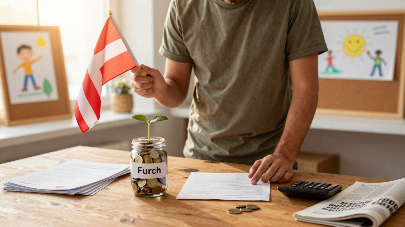 Pessoa segurando bandeira junto a jarro com moedas e planta, documentos e calculadora numa mesa de madeira.