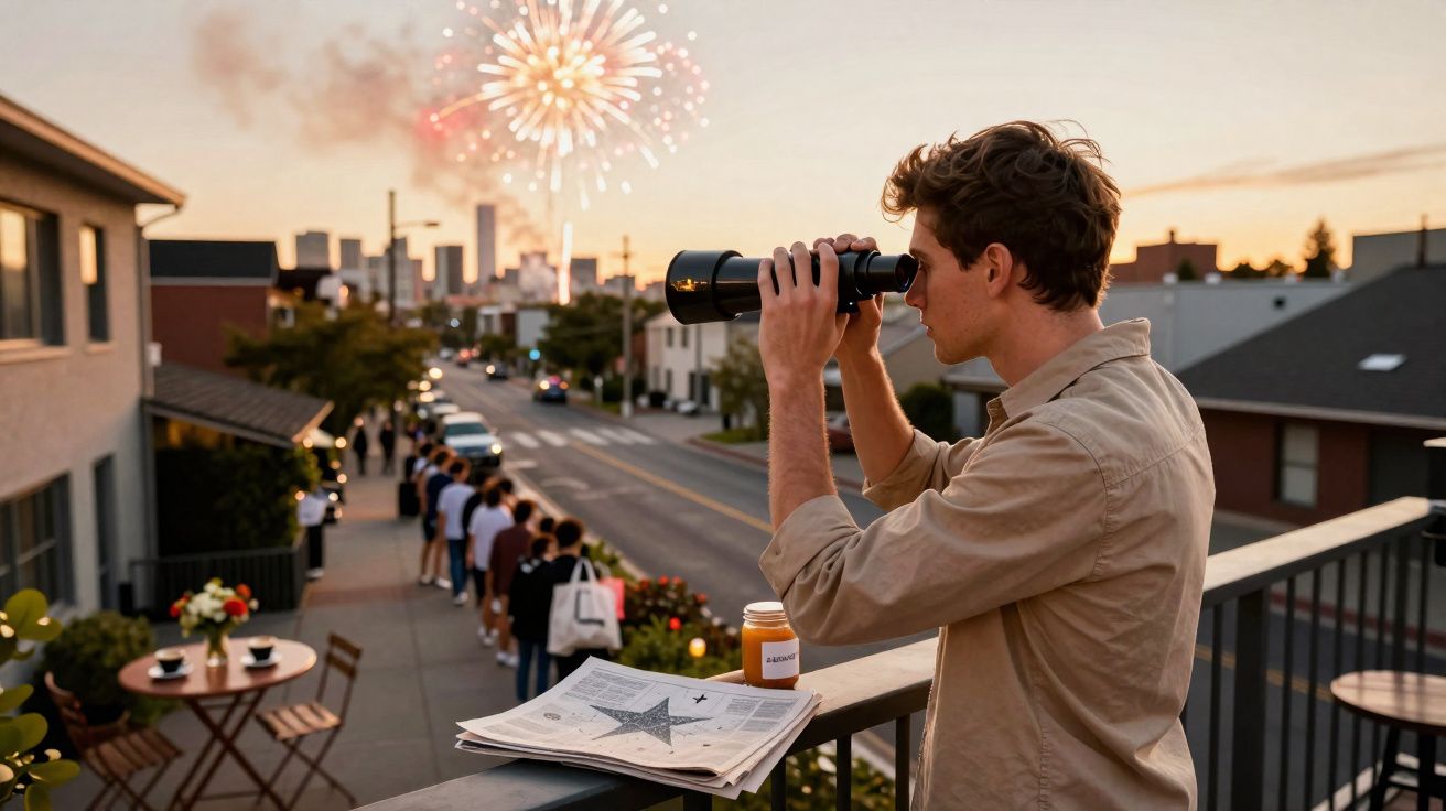 Jovem observa fogo de artifício com binóculo enquanto pessoas formam fila na rua ao pôr do sol.