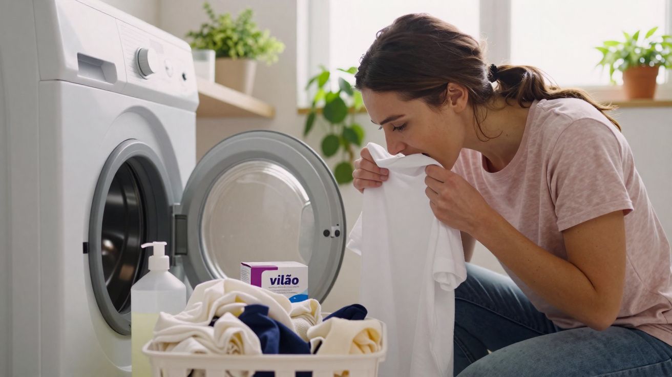 Mulher cheira roupa branca enquanto faz a lavagem numa máquina de lavar com cesta de roupa ao lado.