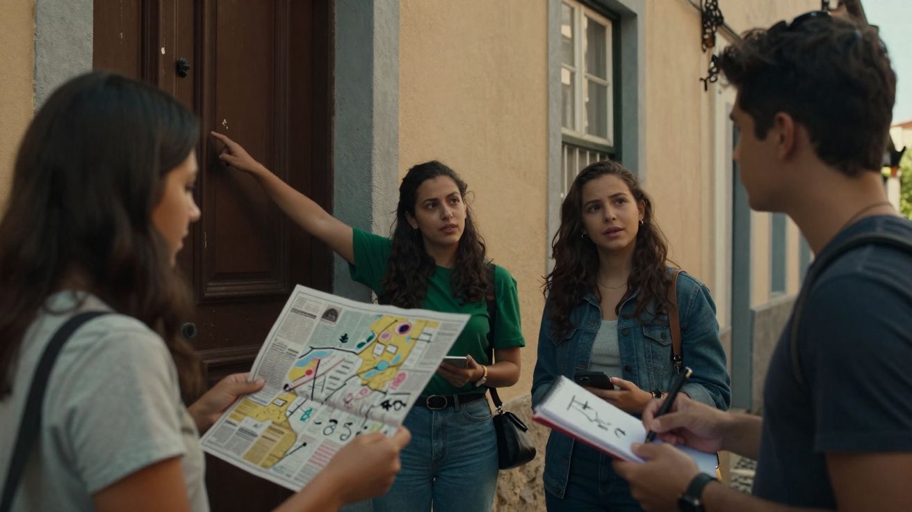 Quatro jovens em rua antiga discutem mapas e anotações, com uma a bater à porta de uma casa.