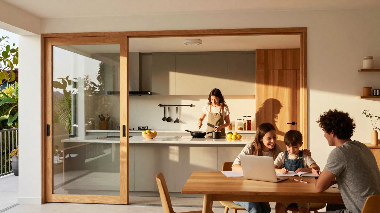 Família a estudar e a trabalhar numa mesa de madeira, com mulher a cozinhar na cozinha moderna ao fundo.