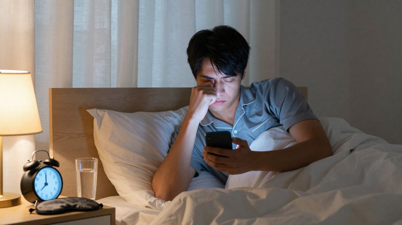 Homem de pijama sentado na cama a olhar para o telemóvel, com expressão cansada, durante a noite.