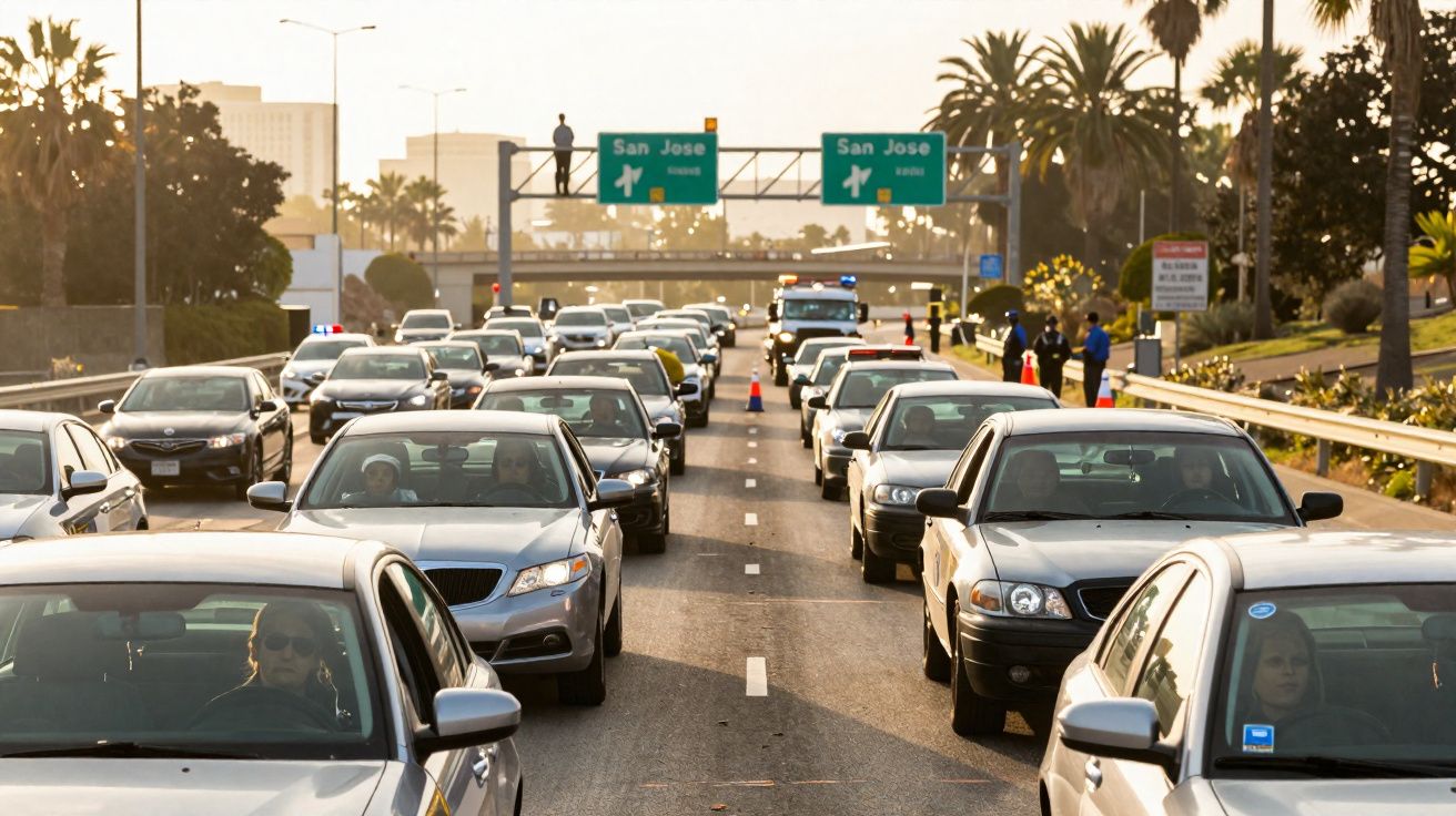 Trânsito lento com várias filas de carros e sinais de saída para San Jose ao pôr do sol.