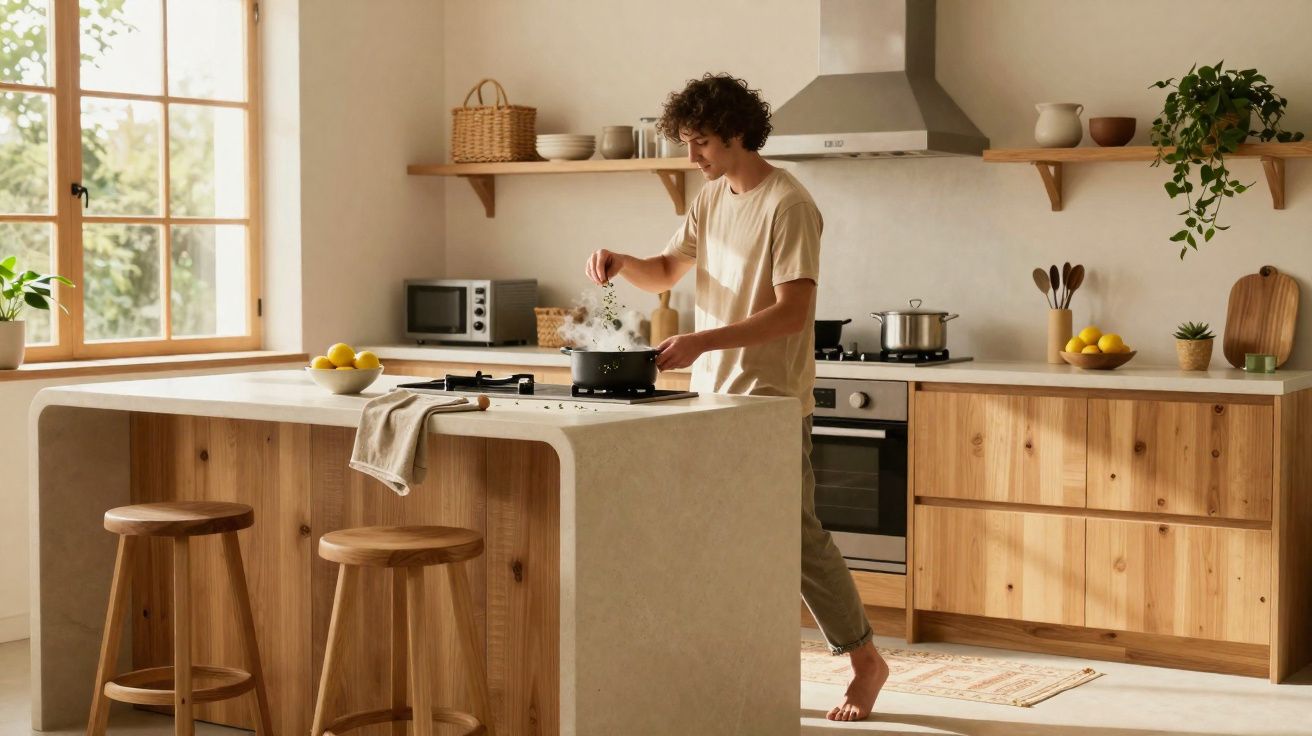 Homem a cozinhar numa cozinha moderna com bancadas em madeira e iluminação natural.