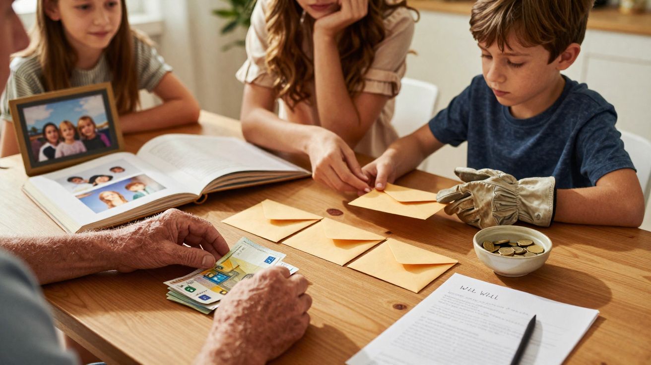 Crianças e idoso a organizar envelopes numa mesa com dinheiro, fotos de família e documento escrito.