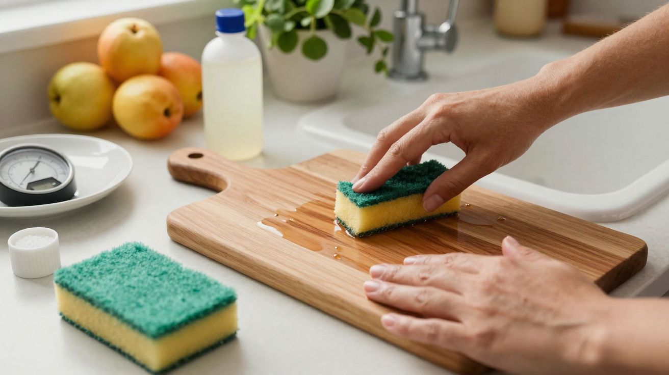 Mãos a limpar uma tábua de cozinha de madeira com uma esponja no balcão da cozinha.