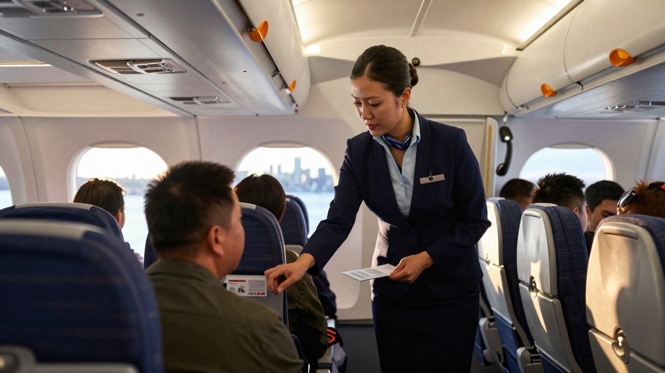 Tripulante de cabine a explicar instruções de segurança a passageiros durante voo diurno.