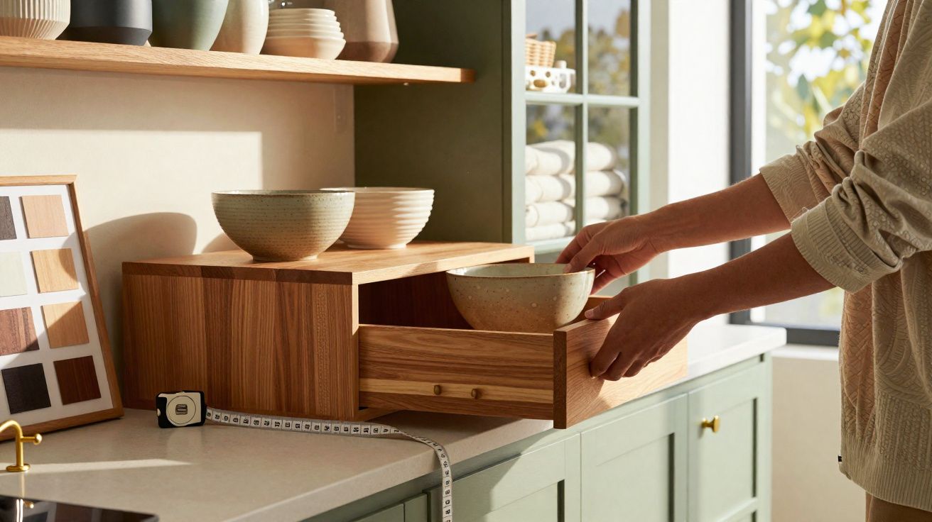 Pessoa a arrumar tigelas de cerâmica em gaveta de madeira numa cozinha iluminada pela luz natural.