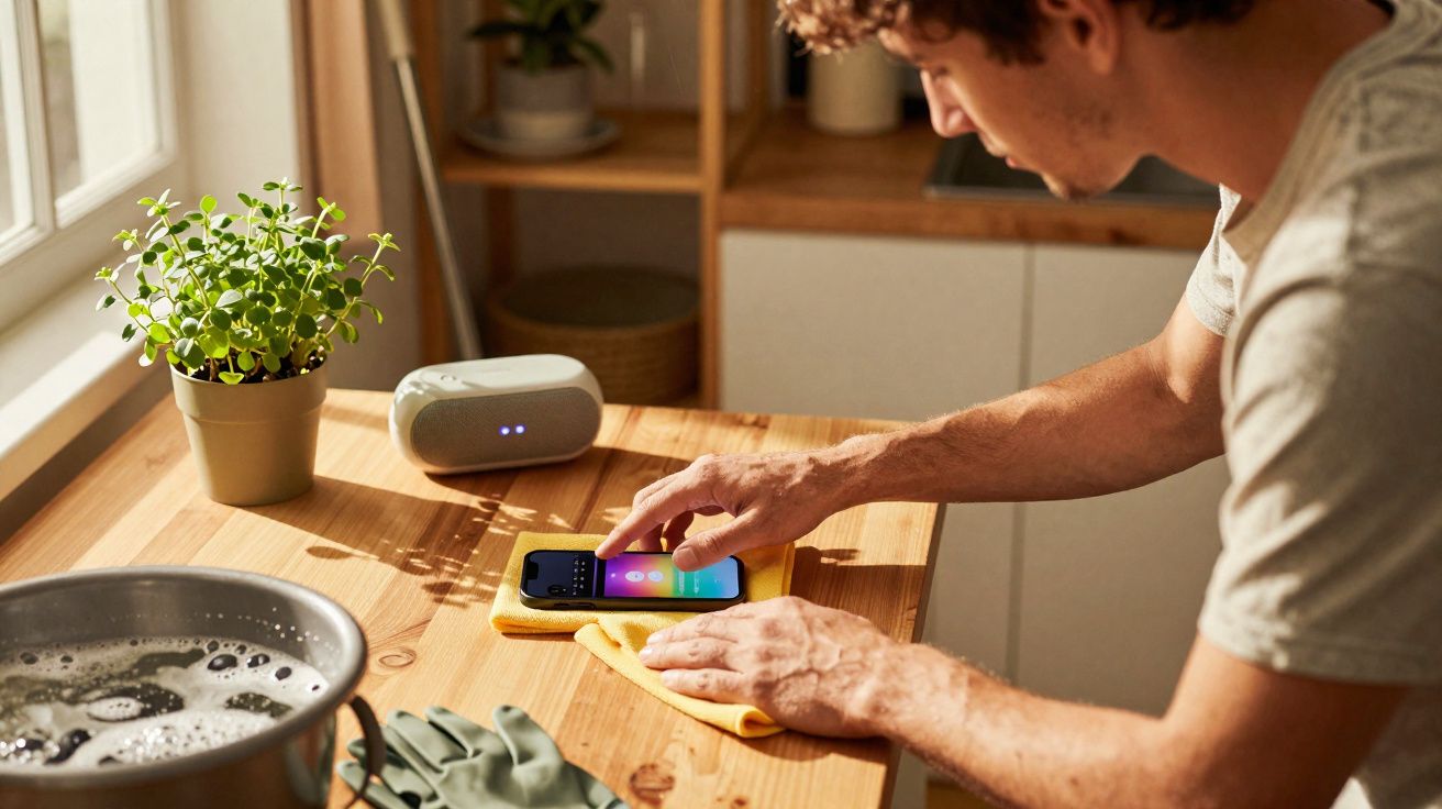 Homem a limpar e desinfetar o ecrã do telemóvel numa cozinha com luz natural.