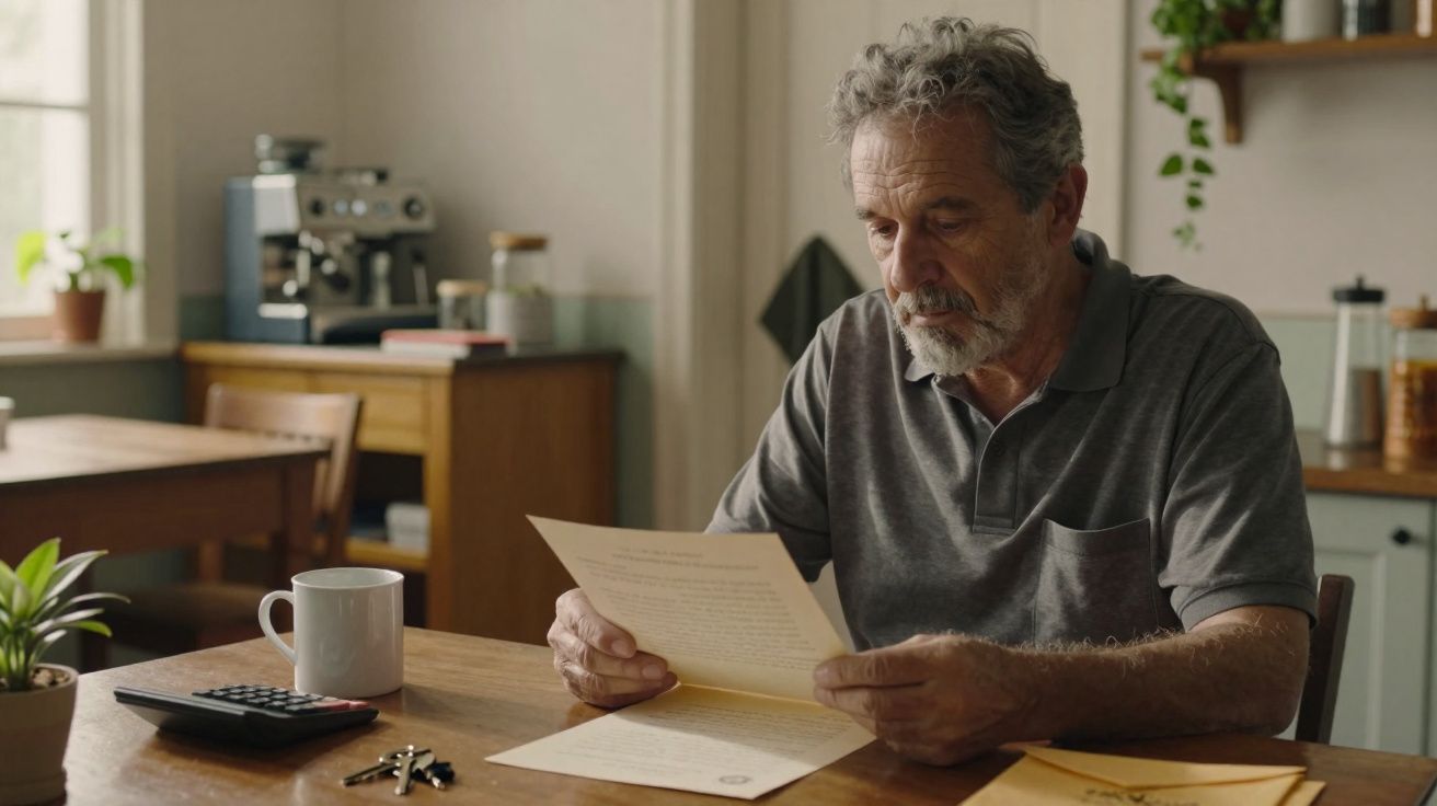 Homem idoso sentado à mesa a ler uma carta numa cozinha iluminada durante o dia.