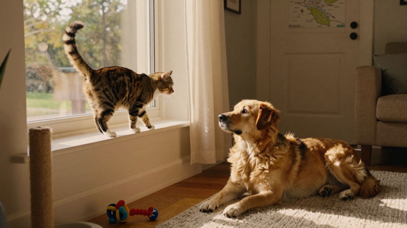 Gato e cão interagem junto a uma janela num ambiente acolhedor e iluminado por luz natural.
