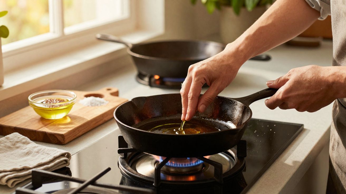 Pessoa a deitar óleo numa frigideira preta sobre fogão a gás numa cozinha iluminada natural.