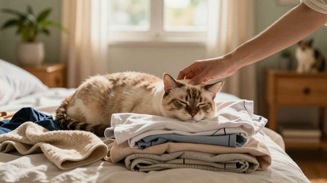 Gato branco e castanho deitado sobre roupa limpa numa cama, enquanto é acariciado por uma mão humana.