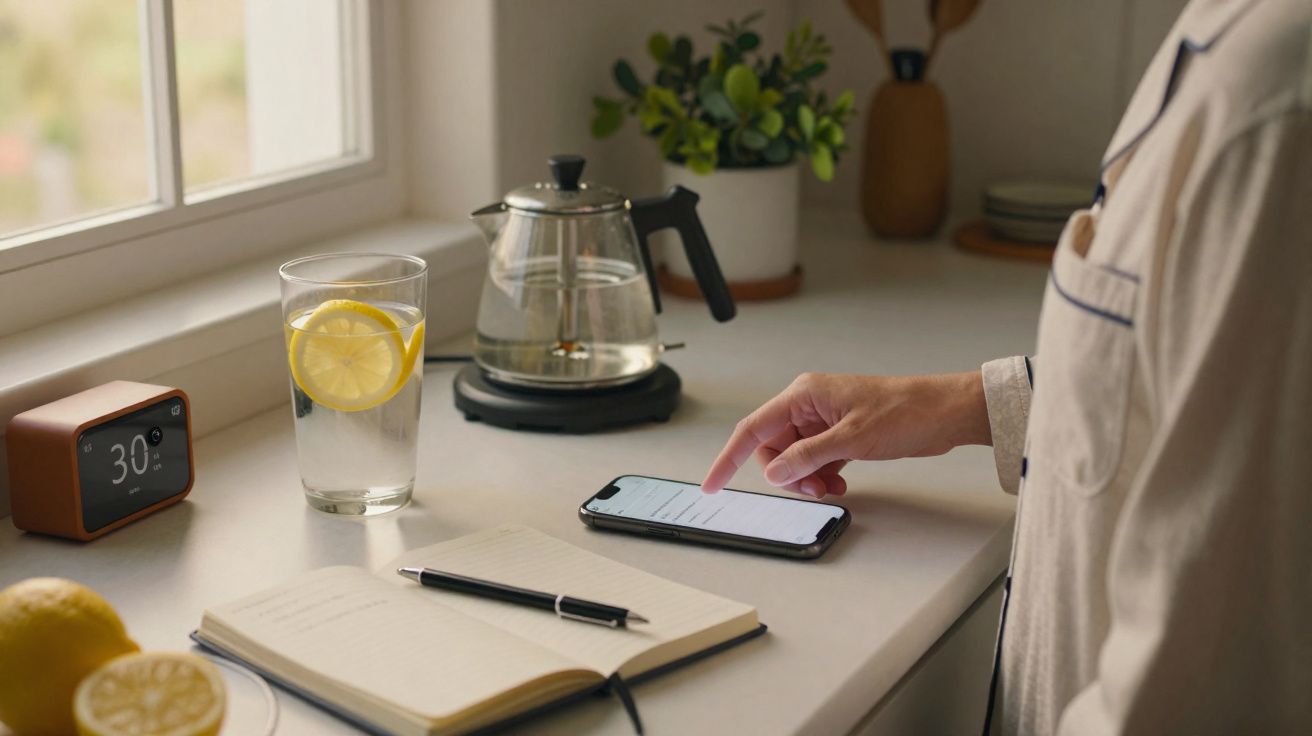 Pessoa a usar telemóvel numa cozinha com relógio digital, jarro de vidro, copo com água e limão, e caderno aberto.