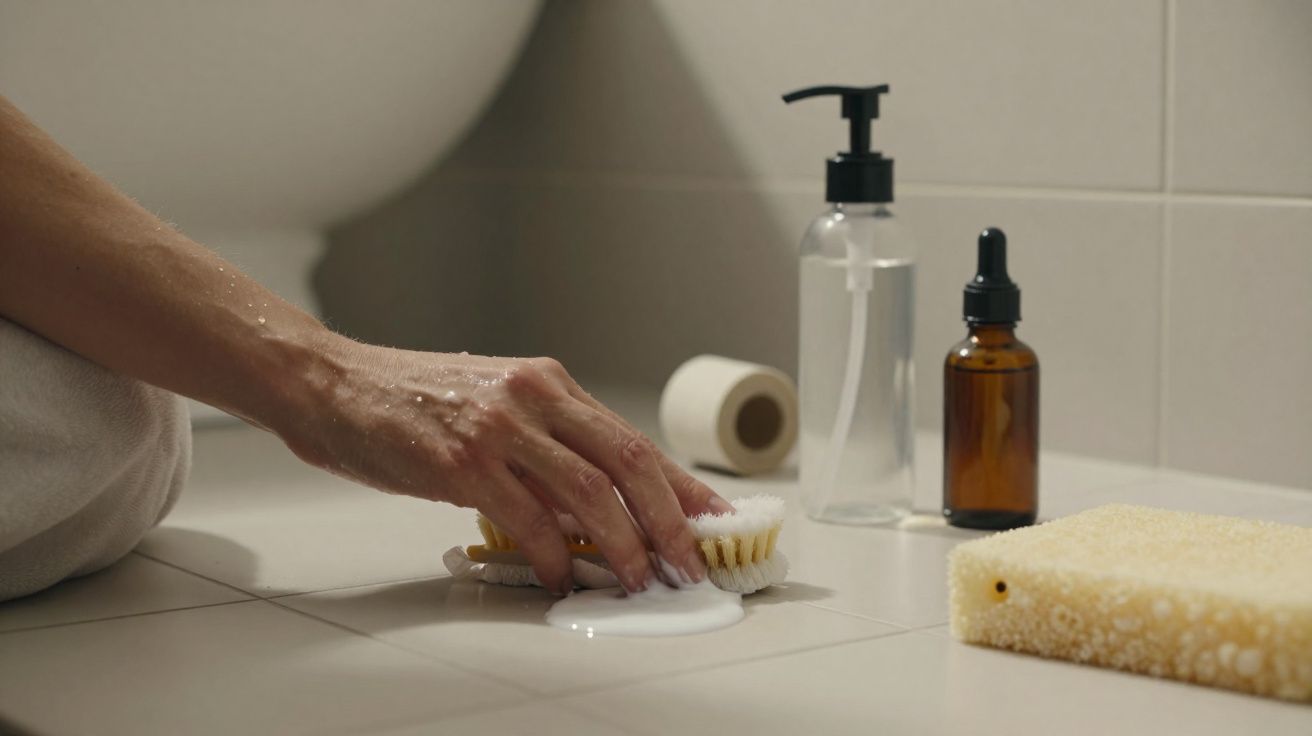 Mão molhada a segurar escova com espuma no chão de casa de banho junto a esponja e frascos.